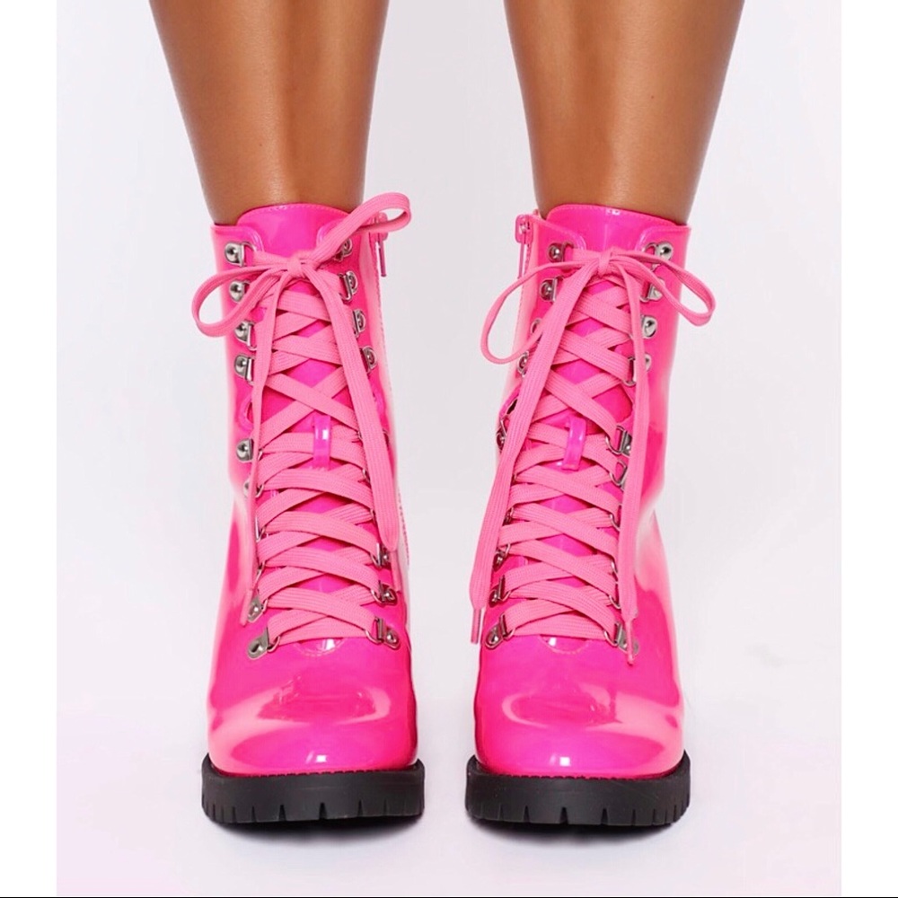 Hot pink lace up block heel combat booties